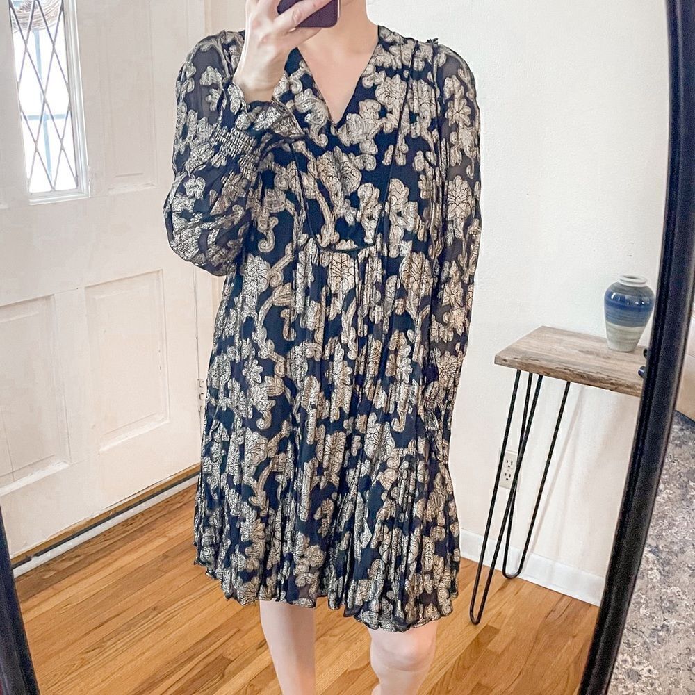 Anthropologie Black and Gold Foil Swing Dress L